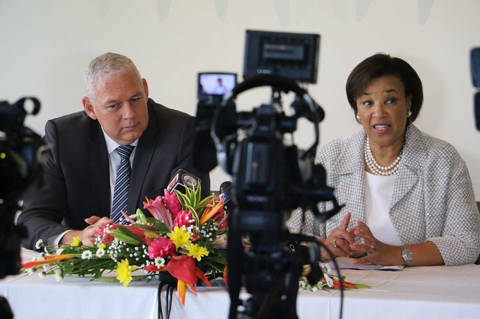 Saint Lucia Prime Minister, the Hon. Allen Chastanet and Commonwealth Secretary-General Baroness Patricia Scotland at a press conference on Thursday (Photo via PM Chastanet Facebooacebook