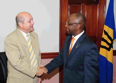 Minister of Culture, Sports and Youth, Stephen Lashley greets Cuban Ambassador to Barbados, Francisco Fern&aacute;ndez Pe&ntilde;a at their meeting today. (B.Hinds/BGIS)