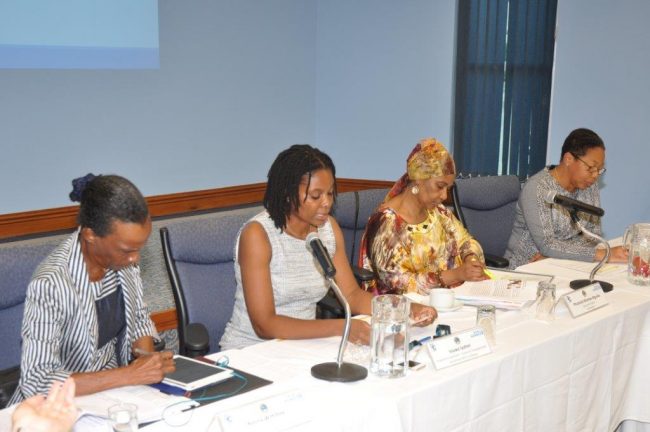 Members of the panel, from left to right: Dr. Rosina Wiltshire, CARICOM Gender Justice Advocate; Isiuwa Iyahen, UN Women Programme Specialist, Women&rsquo;s Economic Empowerment; Phumzile Mlambo-Ngcuka, UN Women Executive Director; and Patricia McKen