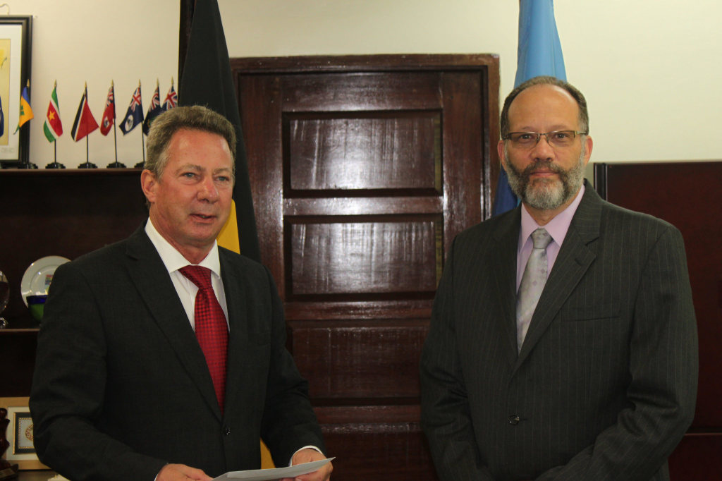 New Belgian Ambassador to CARICOM Guy Sevrin.(left) and CARICOM Secretary-General Ambassador Irwin LaRocque at the CARICOM Secretariat, Wednesday