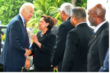 The Hon. Kamla Persad-Bissessar, Prime Minister of Trinidad and Tobago greets U.S. Vice President Joe Biden