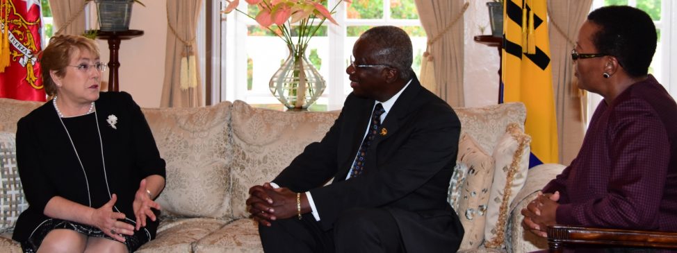 (Left to right) President of the Republic of Chile, Michelle Bachelet; Prime Minister Freundel Stuart; and Minister of Foreign Affairs and Foreign Trade, Senator Maxine McClean, during their meeting at Ilaro Court today. (C.Pitt/BGIS)