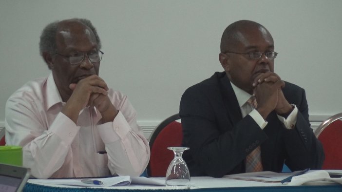 Head Table: Chair of the Regional Coordinating Committee on Climate Change (RCCC) and Minister of Sustainable Development in St. Lucia Dr. Jimmy Fletcher (right) and Executive Director of the Caribbean Community Climate Change Centre (CCCCC) Dr. Kenr