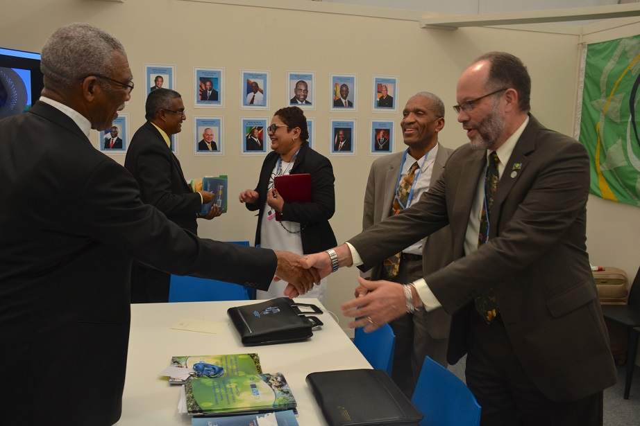 President David Granger and Ambassador Irwin LaRocque share a hand shake following their meeting today in Morocco.