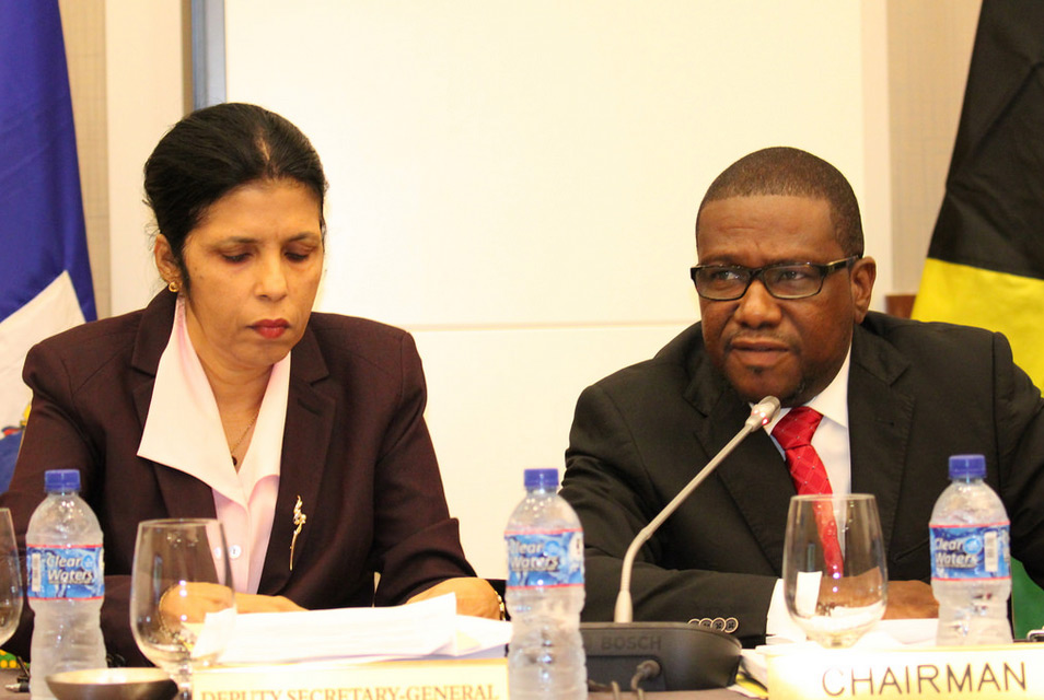 Amb Manorma Soeknandan, Deputy Secretary General, CARICOM and Hon. Alva Baptise, Minister of External Affairs, International Trade and Civil Aviation, Saint Lucia at the Meeting of COTED, Marriott Hotel, Georgetown, Guyana, 21 April 2016