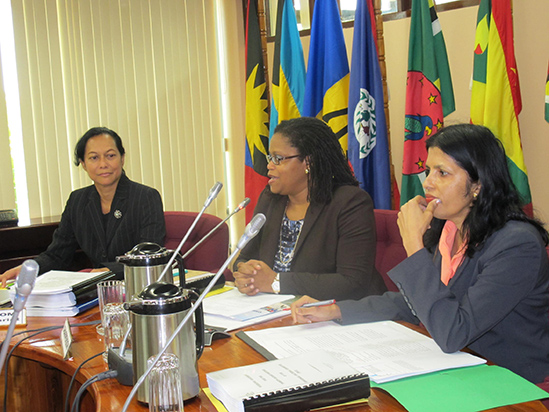 Deputy Secretary General of the Caribbean Community Ambassador Manorma Soeknandan (right) listens keenly as Programme Manager for Culture and Community Development at the CARICOM Secretariat Dr. Hilary Brown (center) brings brief remarks during the o