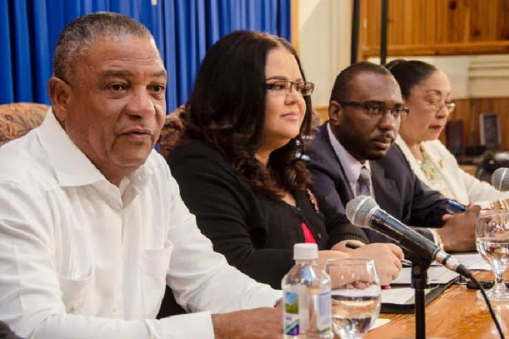 Minister of Health Horace Dalley (left), addresses a press briefing where he announced the move to provide for local testing of Zika virus. Next to him (from second left) are: Minister with responsibility for Information, Senator Sandrea Falconer; Pe