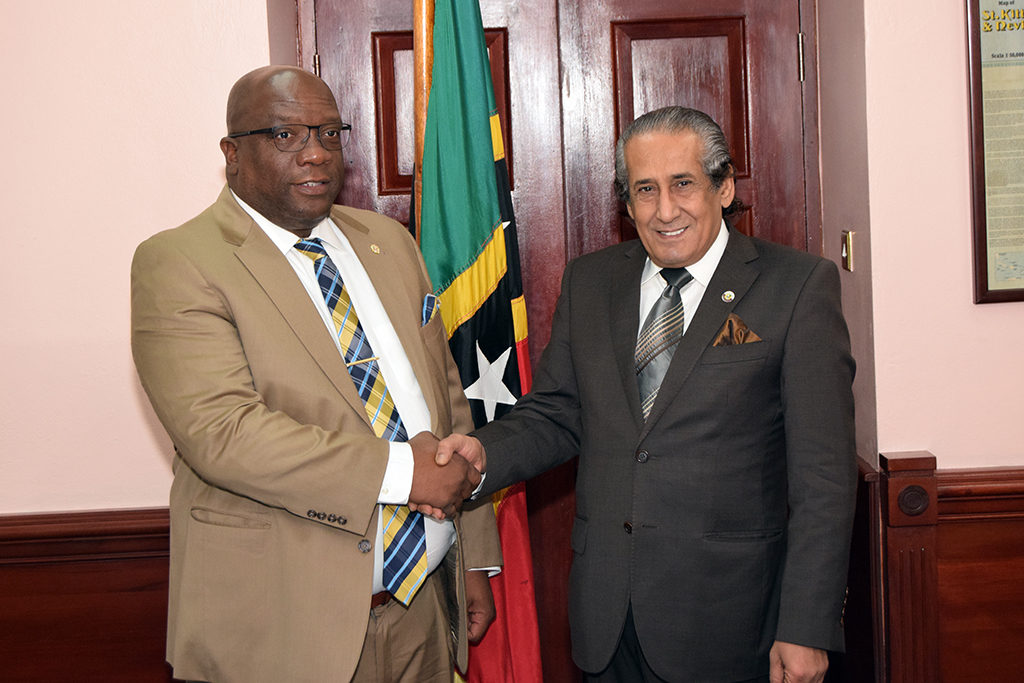 St. Kitts Nevis Prime Minister Dr. Timothy Harris welcomes Qatari Ambassador to  St. Kitts and Nevis Khamis Al-Sahouti