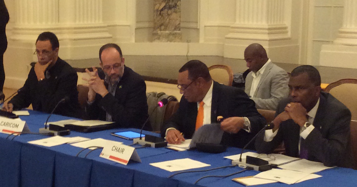 Chair of CARICOM, the Rt. Hon. Perry Christie, Prime Minister of The Bahamas, (second from right) presides over a CARICOM caucus at the Organisation of American States in Washington D.C., ahead of the Energy Summit. With him are, from left, Assistant