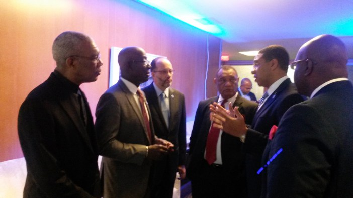 In consultation prior to summit (from left) President of Guyana David Granger; Prime Minister of Trinidad and Tobago Dr. Keith Rowley; CARICOM Secretary-General Ambassador Irwin LaRocque; Prime Minister of The Bahamas Perry Christie; Prime Minister o