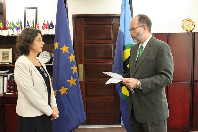 File photo: L-r EU Ambassador Her Excellency Daniela Tramacere and CARICOM and CARIFORUM Secretary-General H.E. Irwin LaRocque at the ceremony for the presentation of her credentials