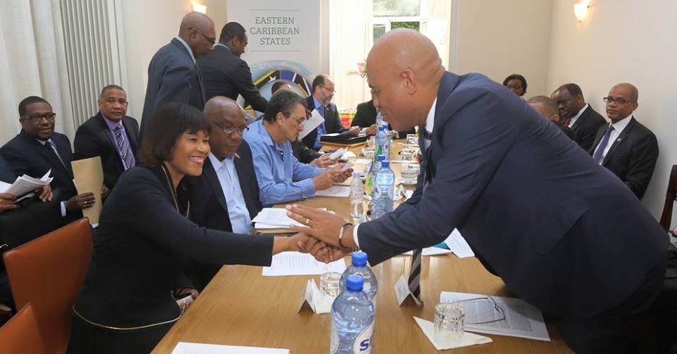 CARICOM Secretary-General Ambassador Irwin LaRocque and President of Haiti H.E. Michel Martelly (head table) and their delegations hold a working session on the margins of the 2nd EU-CELAC summit in Brussels.