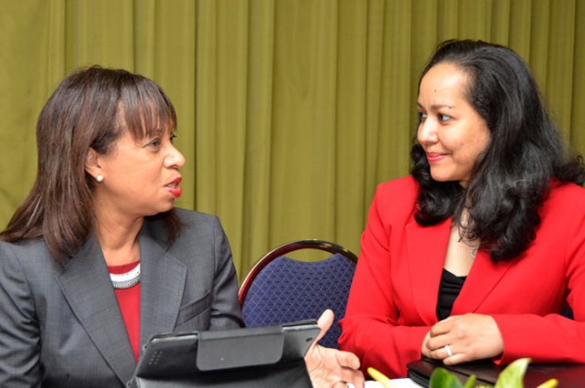 Photo: Donald Delahaye State Minister in the Ministry of Industry, Investment and Commerce, Hon. Sharon Ffolkes-Abrahams (left); converses with Representative, Organisation of American States (OAS) Office in Jamaica, Jeanelle van GlaanenWeygel, durin