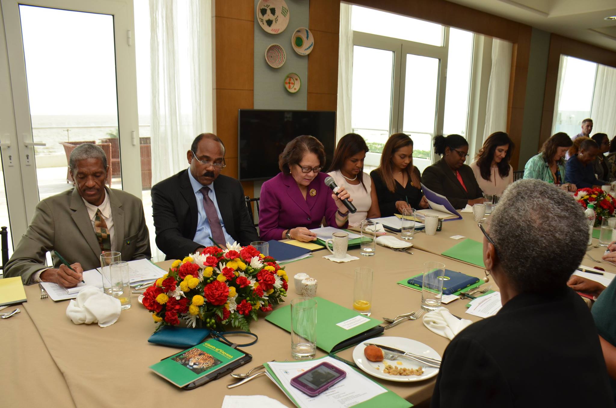 First Lady Mrs. Sandra is flanked First Lady of Trinidad and Tobago, Mrs. Reema Carmona and Prime Minister of Antigua and Barbuda, Mr. Gaston Browne. In her address at this morning's event, she called on her regional counterparts to agree on str