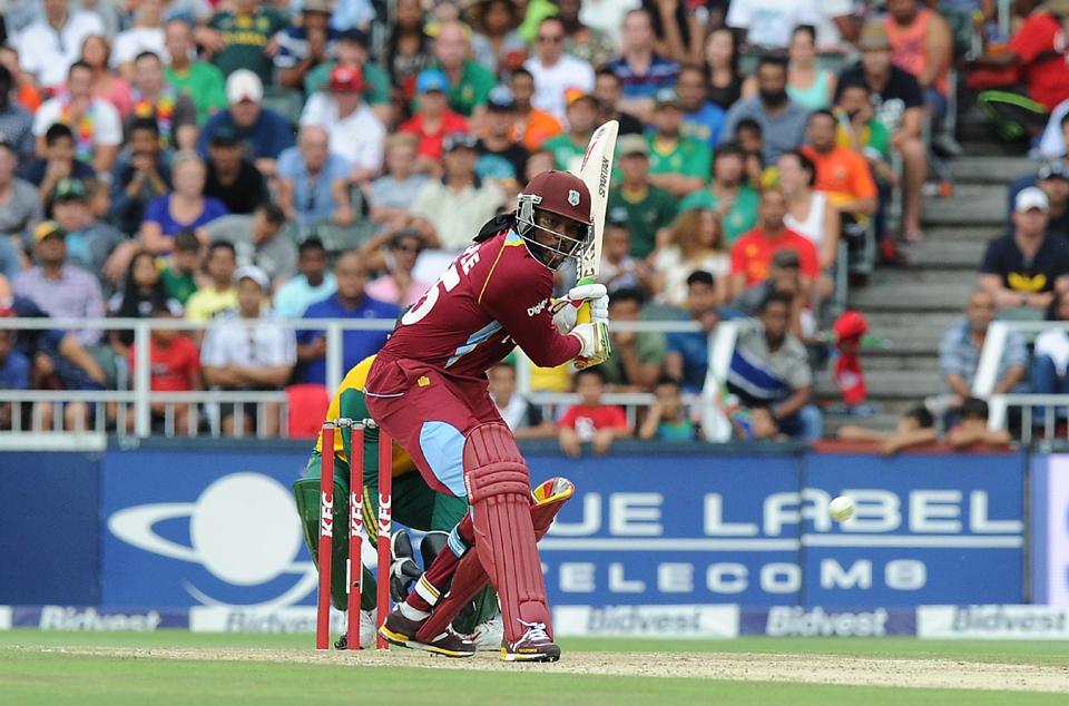 West Indies batsman Chris Gayle gets ready to play a shot during the second T20 cricket match between South Africa and the West Indies at Wanderers cricket stadium in Johannesburg on January 11, 2015 (AFP Photo/Gordon Harnols)
