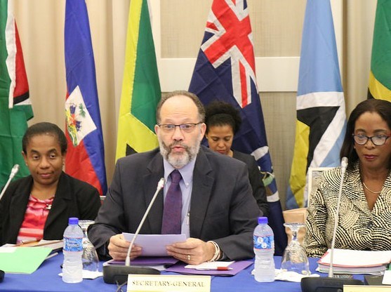 CARICOM SG. Amb. Irwin LaRocque (c) speaks at COTED, Flanking him are Chair of COTED< the Hon Sandra Husbands (r) and CARICOM General Counsel, Ms. Corlita Babb-Schaefer