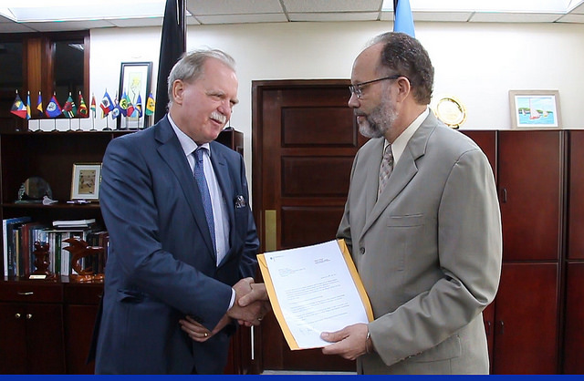 CARICOM Secretary-General Ambassador Irwin LaRocque  receives the credentials  of Germany's new  Ambassador to CARICOM, His Excellency Holger Michael