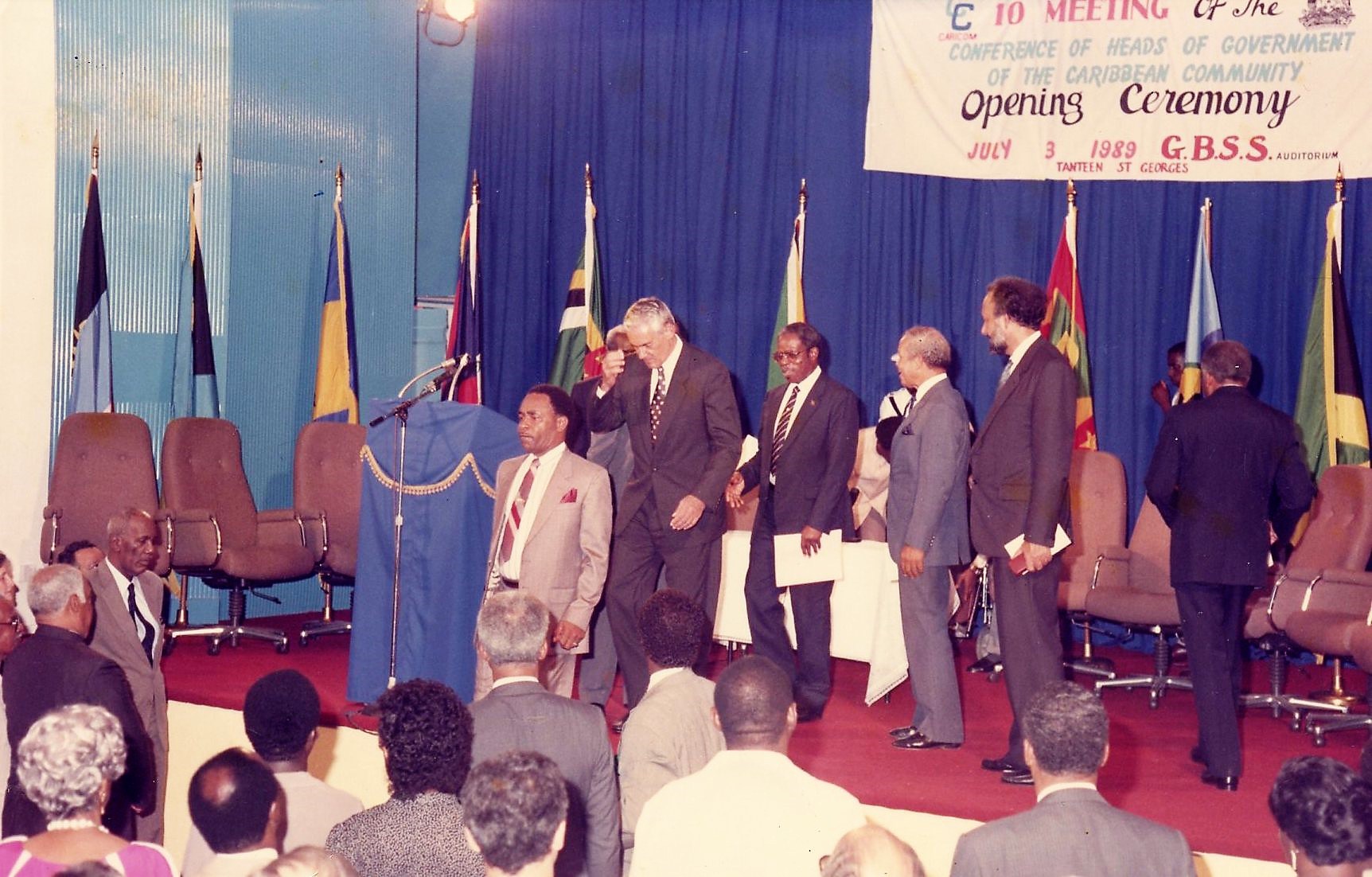 CARICOM Heads of Government leave the stage at the conclusion of the Opening Ceremony of the Conference of Heads of Government in Grenada, 1989