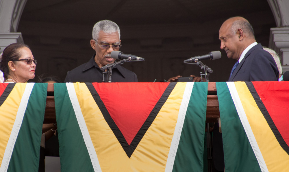 President of Guyana, H.E. David Granger (centre) at his swearing-in ceremony on the balcony of the Parliament building in Georgetown on Saturday (NewsSource photo)