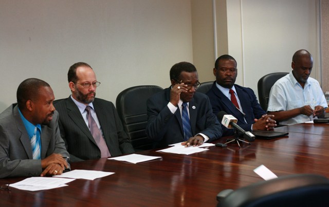 (L-R) Specialist, Communications, CARICOM CSME Unit, Mr. Salas Hamilton, CARICOM Assistant Secretary-General, H.E. Irwin LaRocque, CARICOM Secretary-General, H.E. Edwin Carrington, Programme Manager of the CARICOM CSME Unit, Mr. Ivor Carryl, and Advi