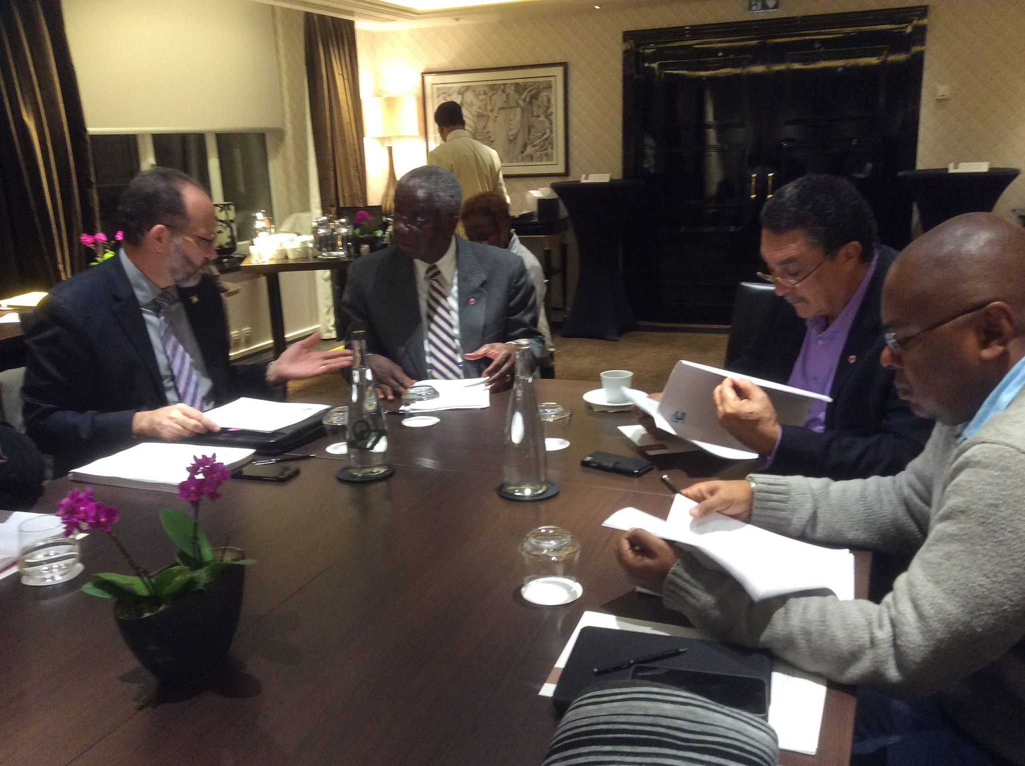 (l-r) CARICOM SG Ambassador Irwin LaRocque; CARICOM Chairman Prime Minister Freundel Stuart; Lead CARICOM Head on Climate Change Prime Minister Kenny Anthony; Head of CARICOM Task Force Senator Dr. James Fletcher