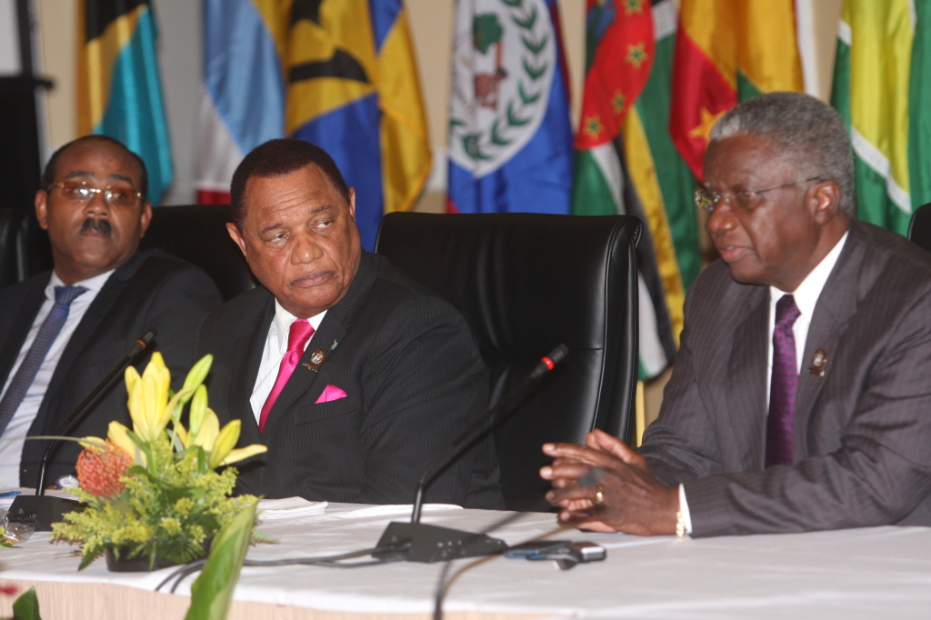 Barbados Prime Minister the Hon. Freundel Stuart responds to the media at the press conference held at the conclusion of the 26th Intersessional Meeting of the Conference of Heads of Government of CARICOM. Also in photograph are, from left, the Hon G