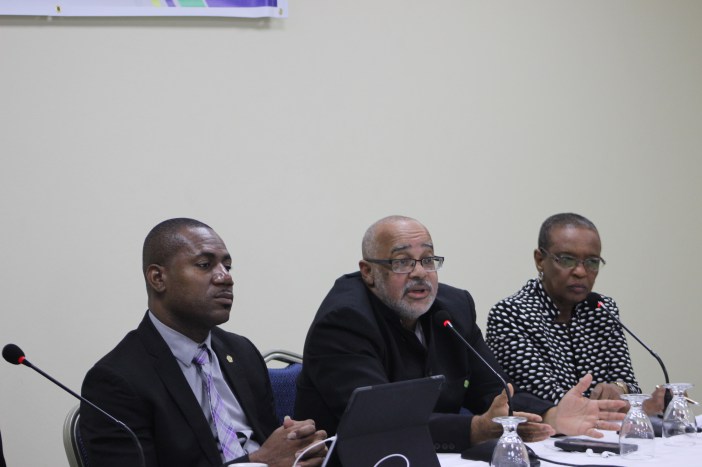 Minister of Education, St. Kitts and Nevis, Hon. Shawn Richards, Director General, of the Organisation of Eastern Caribbean States H.E. Dr. Didacus Jules, and Director, Human Development at the CARICOM Secretariat, Ms. Myrna Bernard, participate in d