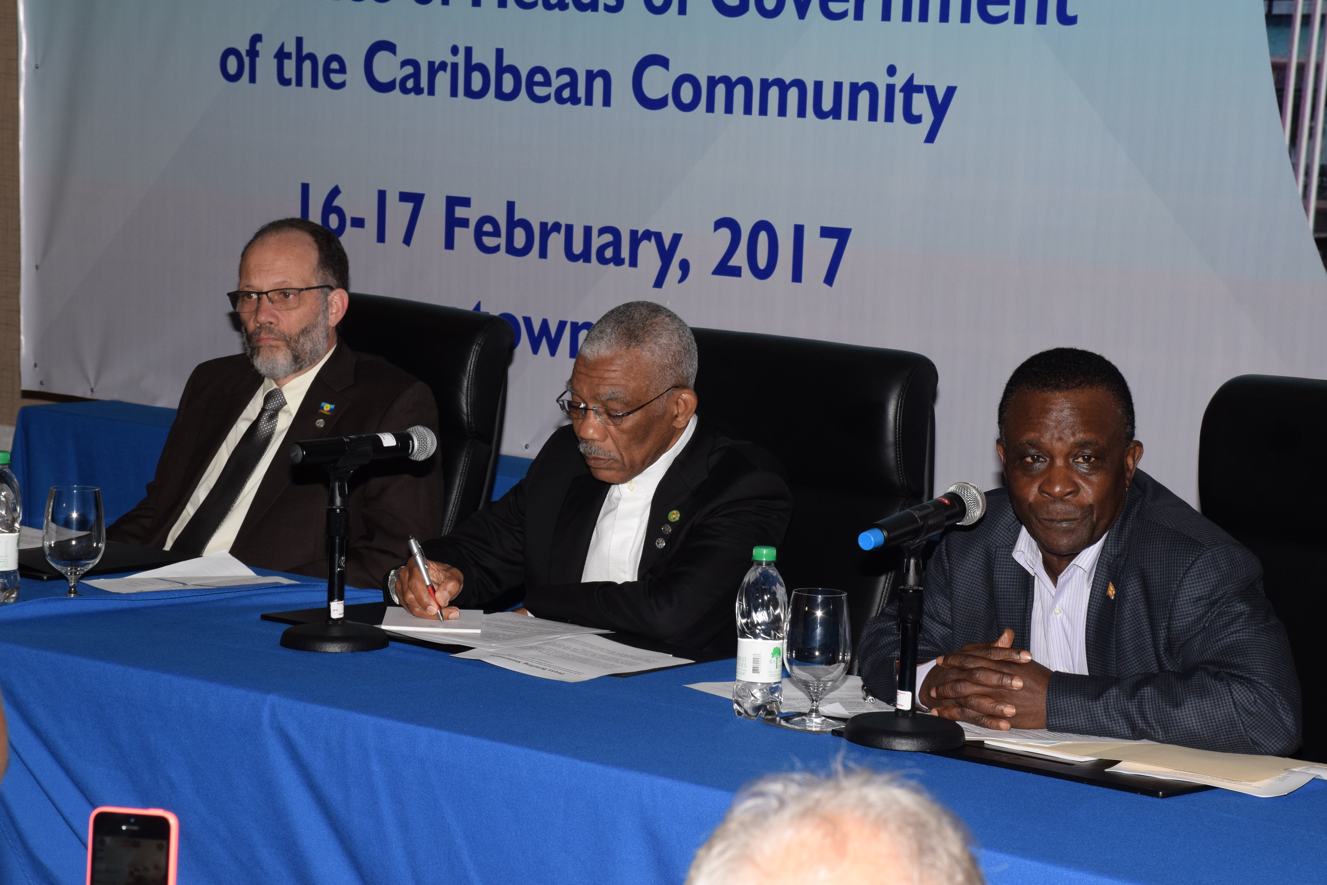 From left to right: Secretary General of CARICOM, Ambassador Irwin LaRocque, Chairman of CARICOM and President of Guyana, David Granger, and Incumbent Chairman of CARICOM and Prime Minister of Grenada, Dr Keith Mitchell