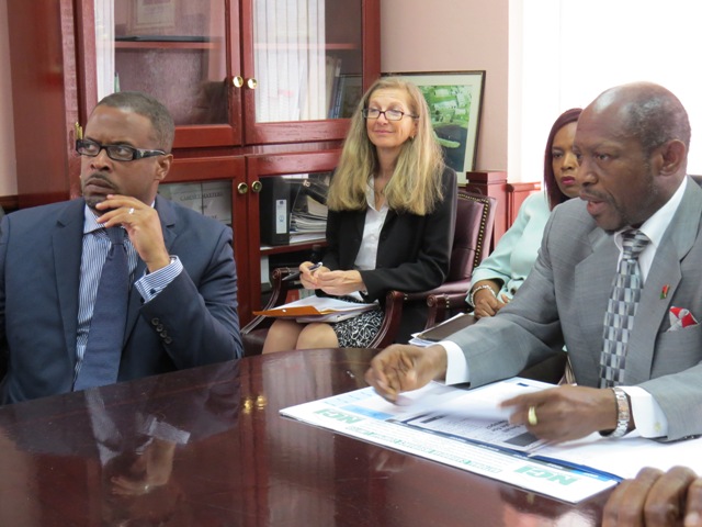 Prime Minister the Right Hon. Dr. Denzil L. Douglas (right) Head of IMF St. Kitts and Nevis Mission Ms. Judith Gold (center) and Acting Premier of Nevis, the Hon. Mark Brantley.