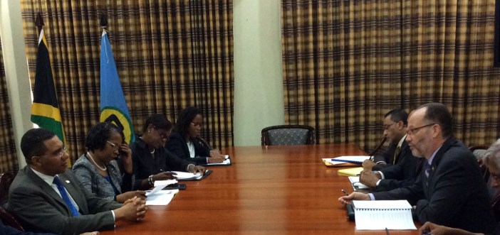 CARICOM Secretary-General, Ambassador Irwin LaRocque (right) and delegation engage new Jamaica Prime Minister Mr. Andrew Holness (left) and delegation at the Prime Minister&rsquo;s Office, Kingston, Jamaica
