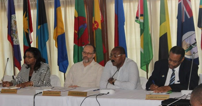 Prime Minister and Minister of Finance, Antigua and Barbuda Hon. Gaston Brown (2nd right) chairing this morning&rsquo;s meeting. He is joined at the Head Table by CARICOM Secretary-General Ambassador Irwin LaRocque (2nd left), Assistant Secretary-Gen
