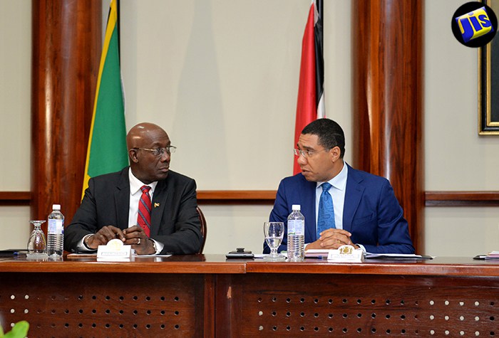 Jamaica&rsquo;s Prime Minister Mr. Andrew Holness (right) and his Trinidad and Tobago counterpart Dr. Keith Rowley brief the media ahead of bilateral talks (photo via JIS)