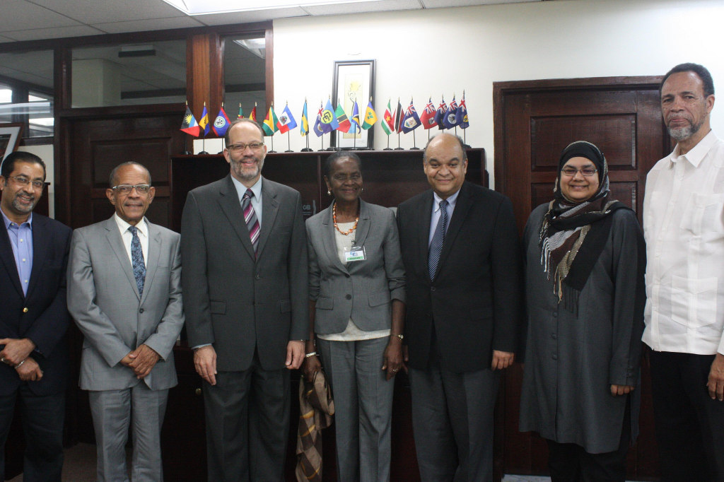Secretary-General of the Caribbean Community, (CARICOM) Ambassador Irwin LaRocque (third from left) is photographed with a delegation from the Regional Council of Martinique comprising Ms. Christiane Mage, President of the European Affairs and Cooper