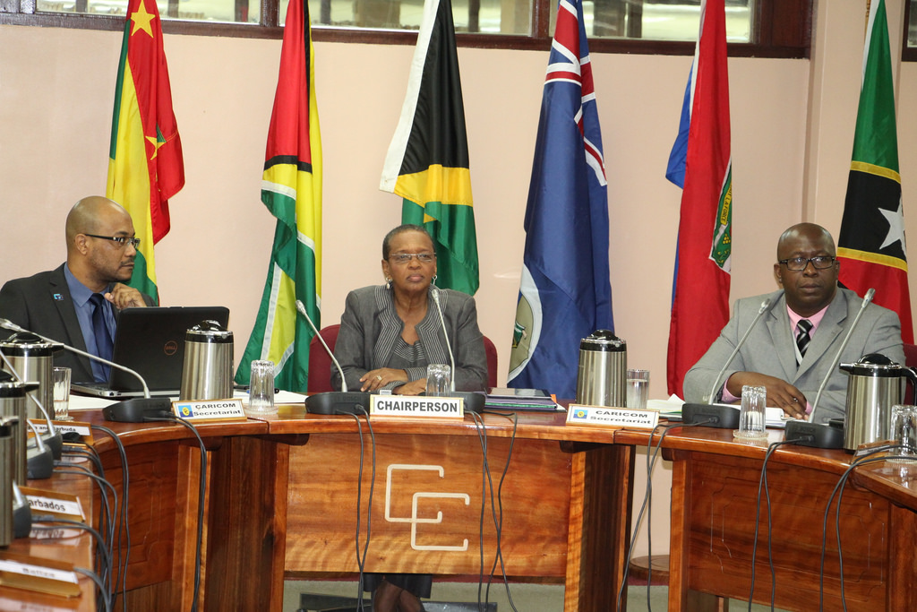 Director of Human Development at the CARICOM Secretariat Ms. Myrna Bernard is flanked by Director of Strategic Management at the Secretariat Mr. Craig Beresford (left) and Programme Manager, Crime and Security, Mr. Sherwin Toyne Stephenson during a R