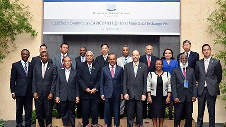 CARICOM Foreign Ministers and Secretary-General Ambassador Irwin LaRocque pose with Singapore's Foreign Minister K Shanmugam (front row centre) on Monday at the beginning of the Caribbean Community (CARICOM) High-Level Ministerial Exchange Visi