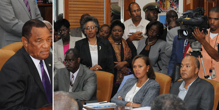 Prime Minister Christie updating key personnel and media at post-Hurricane Joaquin Assessment Press Conference, October 14, 2015 at the Office of the Prime Minister. (BIS Photos/Peter Ramsay)