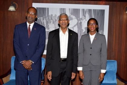 President of Guyana, His Excellency David Granger (centre) is flanked by Trinidad and Tobago Minister of Energy and Energy Industries , the Hon Nicole T Olivierre and Deputy Permanent Secretary in her Ministry, Mr. Andre Laveau (Photo via Government