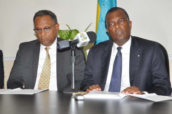- Minister for Grand Bahama Dr. Michael Darville, left, and Minister of Foreign Affairs and Immigration Fred Mitchell at a press briefing Wednesday to announced the staging of the 9th UK-Caribbean Forum in Grand Bahama April 29-30,