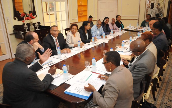 Prime Minister Freundel Stuart making a point during a meeting with CARICOM and Government officials at Ilaro Court recently. (Photo by A.Miller via BGIS)