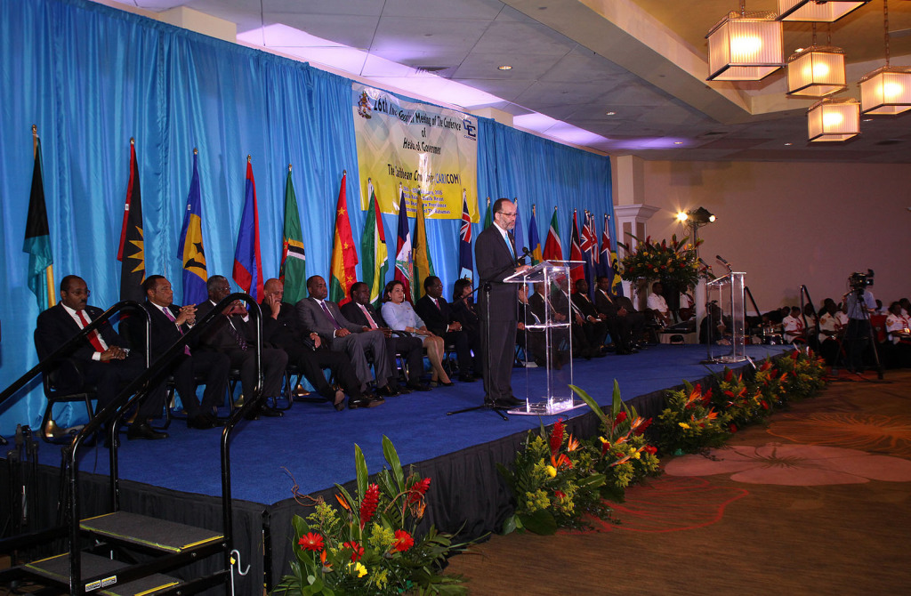 Ambassador Irwin LaRocque, CARICOM Secretary-General, makes remarks at the opening ceremony of the 26th Intersessional Meeting of the Conference of Heads of Government of CARICOM, 26 February, 2015, Nassau, The Bahamas (photo via Bahamas Information