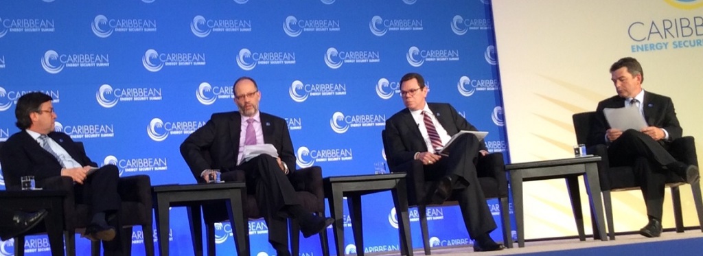 CARICOM Secretary General Ambassador Irwin LaRocque (2nd from left)  speaking on a panel discussing public sector catalysing international finance during the Caribbean Energy Summit in Washington, D.C. USA on Monday 26 January 2015. Others in photo a