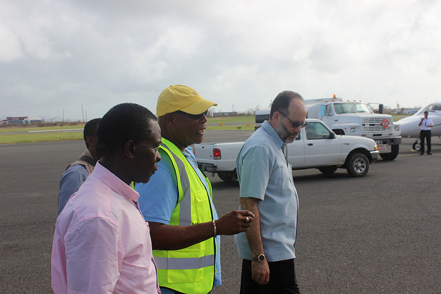 Chief Minister of Anguilla, Mr Victor Banks (Middle); updates CARICOM Chairman, Prime Minister of Grenada, Dr the Hon. Keith Mitchell (L); CARICOM Secretary-General, Ambassador Irwin LaRocque (R) during their tour of the damage on Wednesday 13 Septem