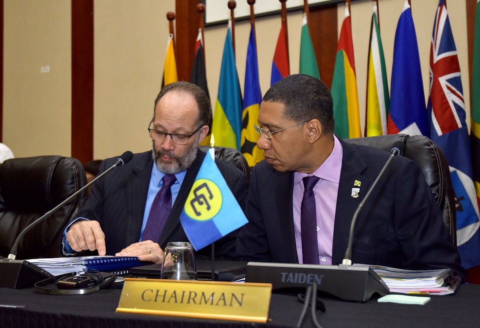 The CARICOM Chairman and Secretary-General at the recent Heads of Government Meeting in Jamaica