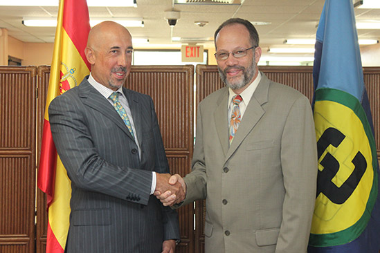 Secretary General of the Caribbean Community Ambassador Irwin LaRocque poses for an official photograph with the newly accredited Plenipotentiary Representative of Spain to CARICOM, H.E. Jos&eacute; Mar&iacute;a Fern&aacute;ndez L&oacute;pez de Turis