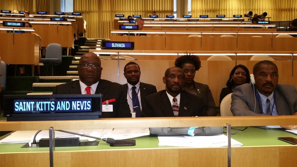 Front Row (L-R) : Prime Minister Dr. the Honourable Timothy Harris; H.E. Sam Condor, Ambassador Extraordinary to United Nations; Mr. Osbert Desuza, Permanent Secretary in Office of Prime Minister Back Row (L-R) Carlisle Richardson and Ghislaine Willi