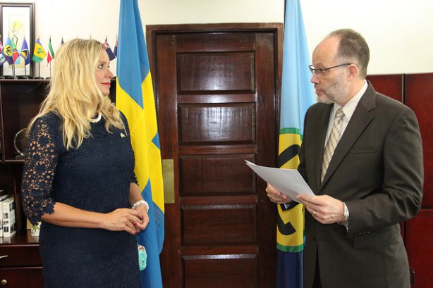Her Excellency Elisabeth Eklund and CARICOM Secretary-General, Ambassador Irwin LaRocque, during the accreditation ceremony on Wednesday