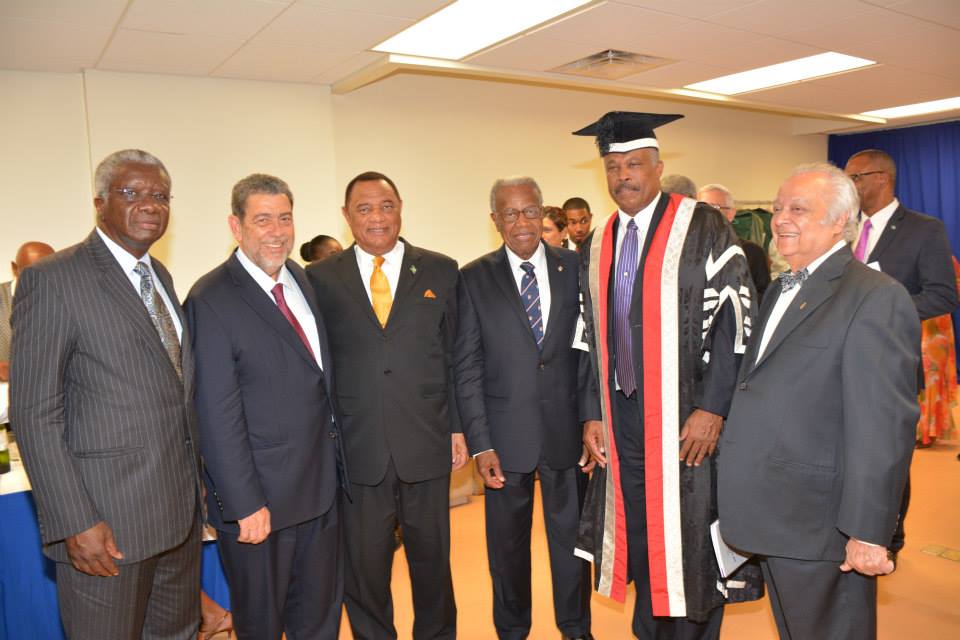 (l-r) Prime Minister of Barbados Rt. Hon. Freundel Stuart; Prime Minister of St. Vincent and the Grenadines Dr. Hon. Ralph Gonsalves; Prime Minister of The Bahamas and Chairman of CARICOM Rt. Hon. Perry Christie; Chancellor of the UWI Sir George Alle