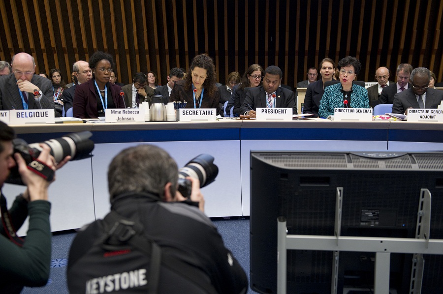 WHO Director-General, Margaret Chan (far right) speaks at the Special Session of the Executive Board on Ebola in Geneva. UN Photo/Christopher Black