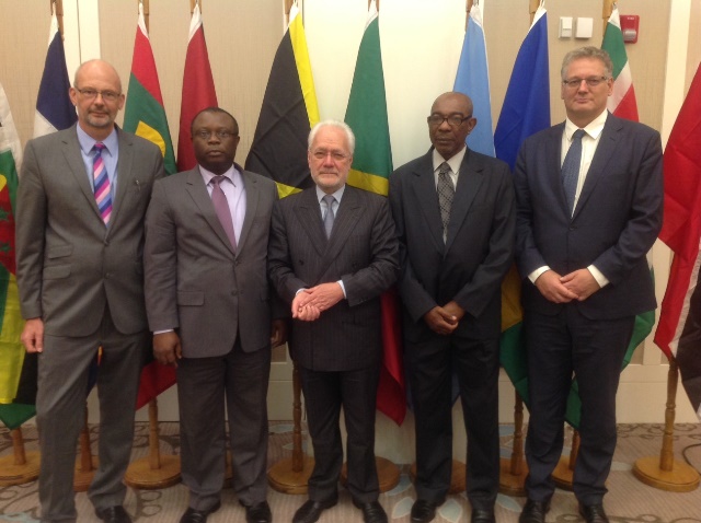 In photograph from left: Ambassador Mikael Barfod, Delegation of the EU to the Eastern Caribbean Countries, OECS and CARICOM/CARIFORUM; Mr. Sparte Odera, Advisor to the National Authorizing Officer of Haiti and CARIFORUM Co-Chair of the political di