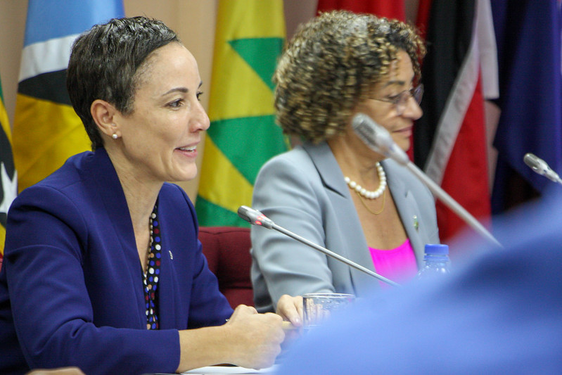 Chair of the Council for Foriegn and Community Relations (COFCOR), Senator the Hon. Kamina Johnson Smith (l) and Assistant Secretary-General, Foreign and Community Relations, Elizabeth Solomon